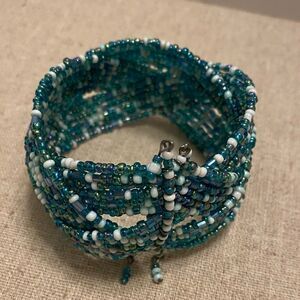 Blue seed bead brained wide cuff bracelet adjustable size coastal